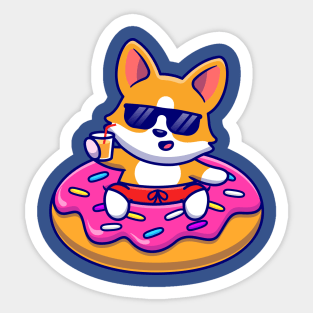 Cute Corgi Dog Floating With Doughnut Swimming Tires Cartoon Sticker